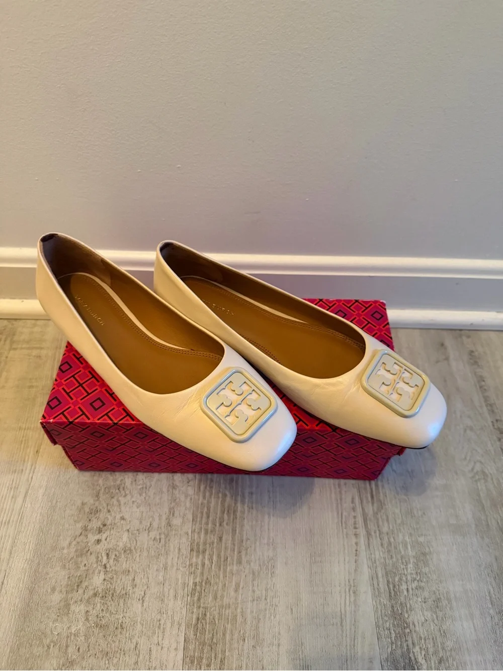 Tory Burch Cream Logo Square-Toe Ballet Flats